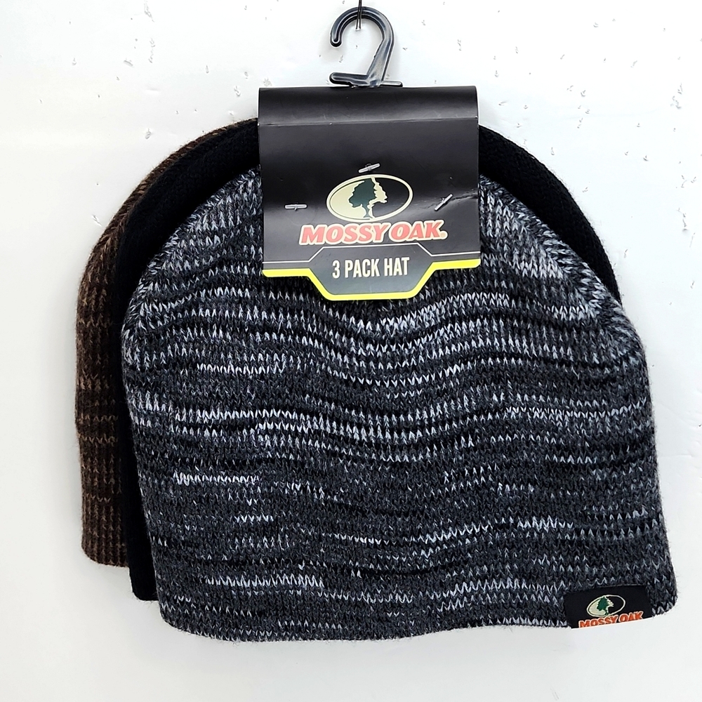 MOSSY OAK BEANIE HAT SET, GREY BLACK BROWN